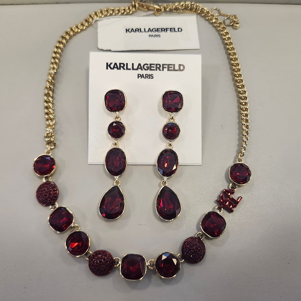NWT Karl Lagerfeld Gold-Tone Red Stone Necklace & Earrings Set